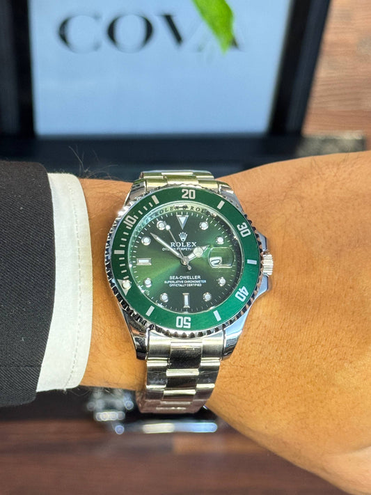 ROLEX OYSTER PERPETUAL SUBMARINER CERAMIC BEZEL WATCH GREEN WITH STAINLESS STEEL SILVER BELT ( OPEN CASE )