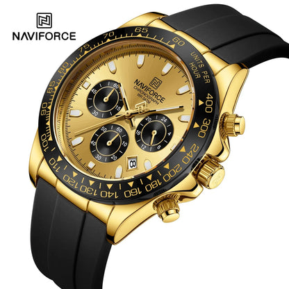NAVIFORCE NF8054 G/G/B Men
Watch – Gold Case, Black Tachymeter Bezel, Black Silicone Strap