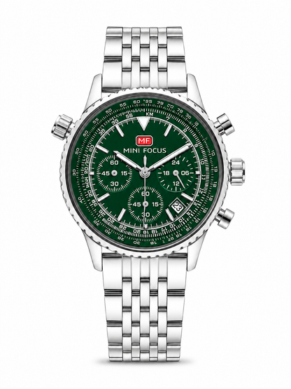 MINI FOCUS Men's Pilot Chronograph Watch – Silver Dial, Slide Rule, Stainless Steel Bracelet