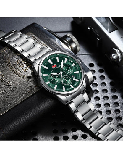MINI FOCUS Men's Chronograph Watch – Green Dial, Luminous Markers, Stainless Steel Bracelet