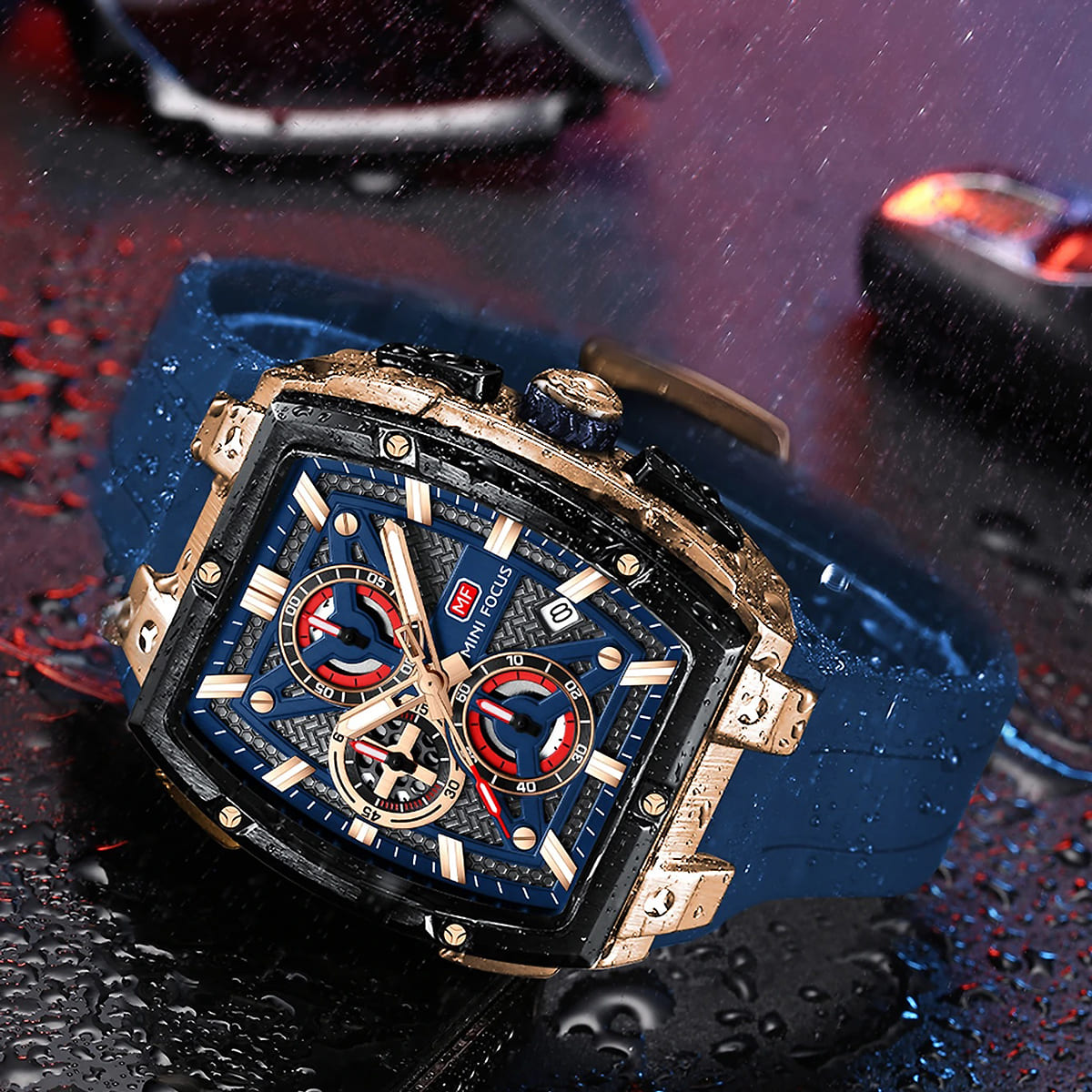 MINI FOCUS Men's Tonneau Chronograph Watch – Blue Dial, Rose Gold Case, Blue Silicone Strap