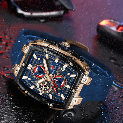 MINI FOCUS Men's Tonneau Chronograph Watch – Blue Dial, Rose Gold Case, Blue Silicone Strap
