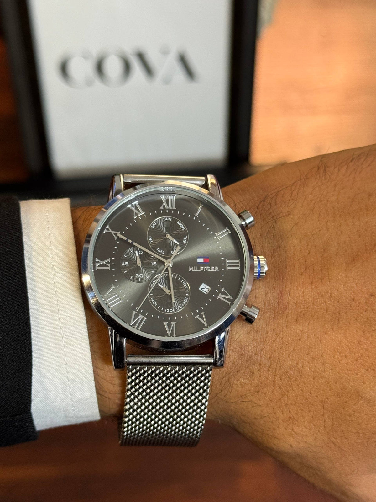 Tommy Hilfiger Men's Chronograph Watch – Black Roman Dial, Silver Mesh Strap