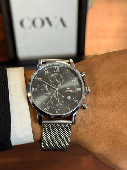 Tommy Hilfiger Men's Chronograph Watch – Black Roman Dial, Silver Mesh Strap