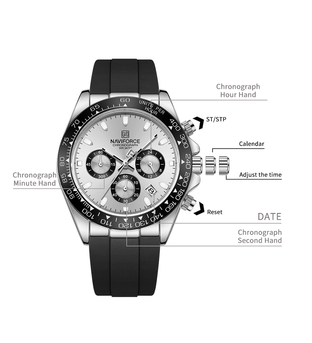 NAVIFORCE Original Men's NF8054 S/W/B -Watch Chronograph Watch – Silver Panda Dial, Black Tachymeter Bezel