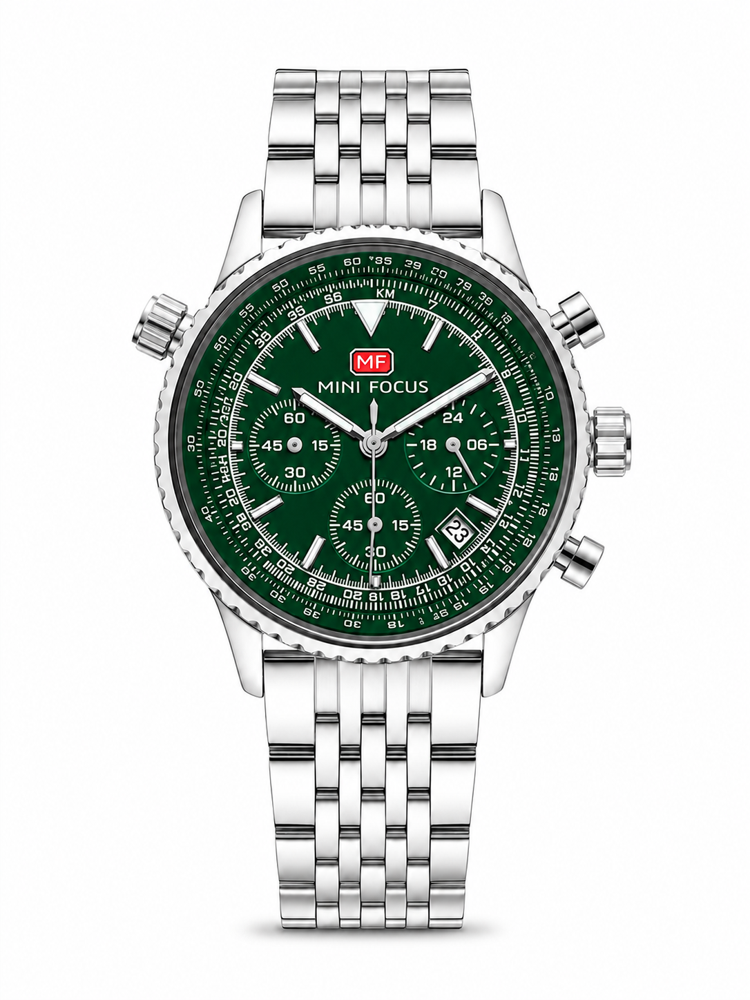 MINI FOCUS Men's Pilot Chronograph Watch – Silver Dial, Slide Rule, Stainless Steel Bracelet