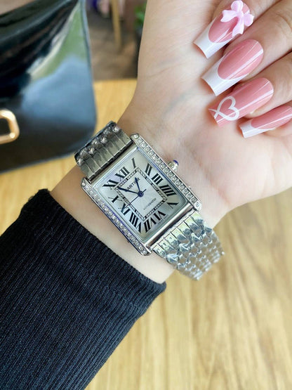 Cartier Style Watch – Silver & Gold, Roman Dial, Stainless Steel Bracelet