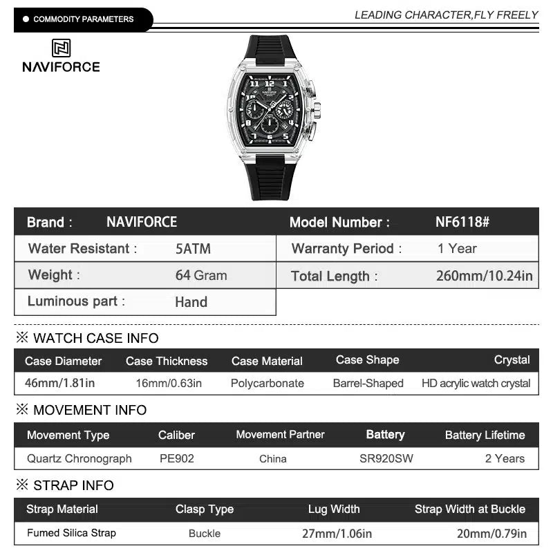 NAVIFORCE NF6118 Performance Chronograph Watch – Black Tonneau, Red Accents, Black Silicone Strap