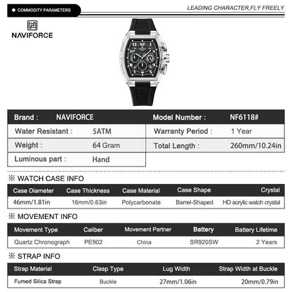 NAVIFORCE NF6118 Performance Chronograph Watch – Black Tonneau, Red Accents, Black Silicone Strap