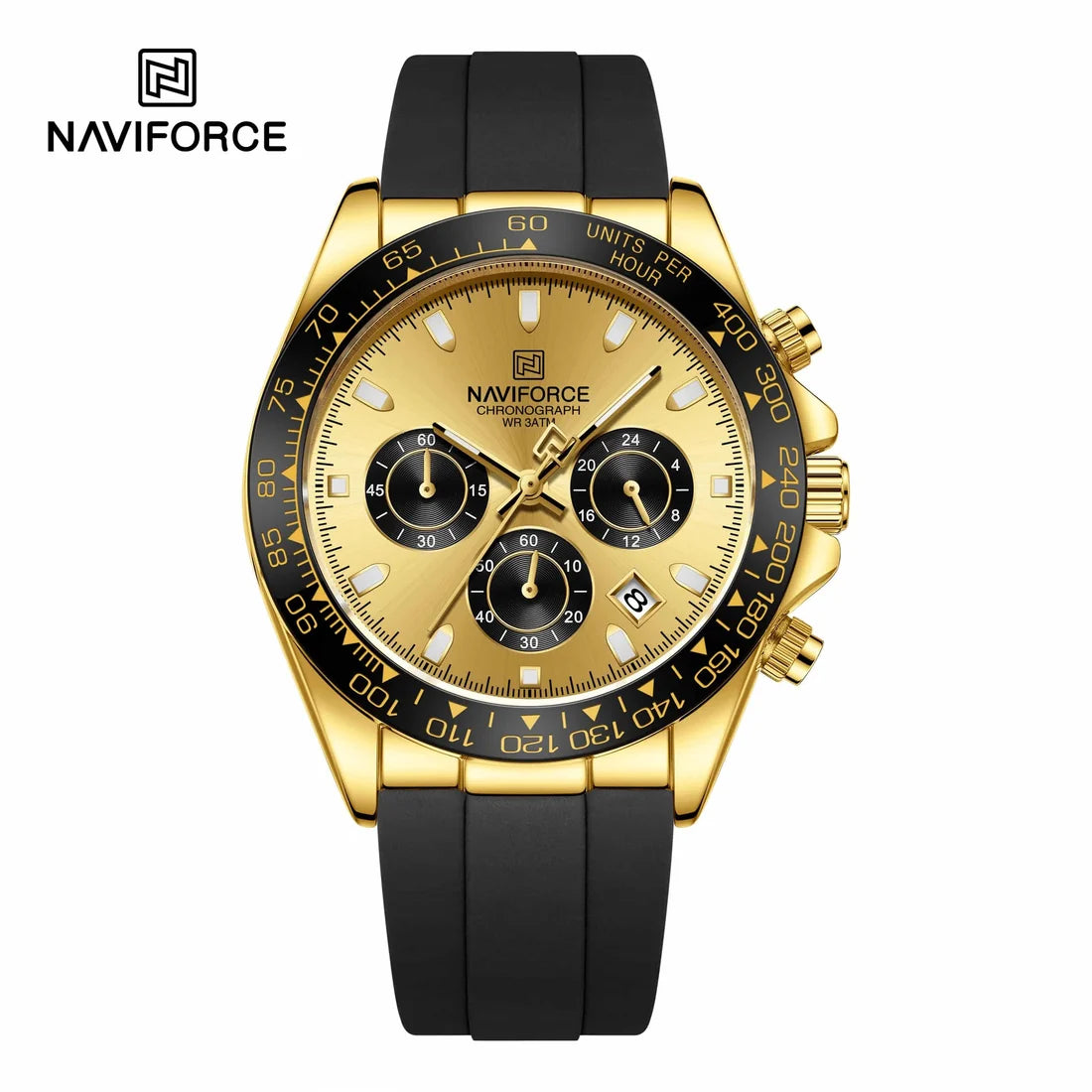 NAVIFORCE NF8054 G/G/B Men
Watch – Gold Case, Black Tachymeter Bezel, Black Silicone Strap