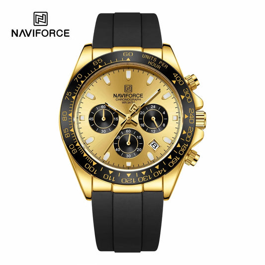 NAVIFORCE NF8054 G/G/B Men
Watch – Gold Case, Black Tachymeter Bezel, Black Silicone Strap