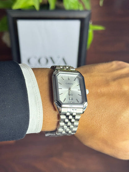 Casio MTP-V007D Silver Stainless Steel Rectangular Watch – Classic Elegant Design