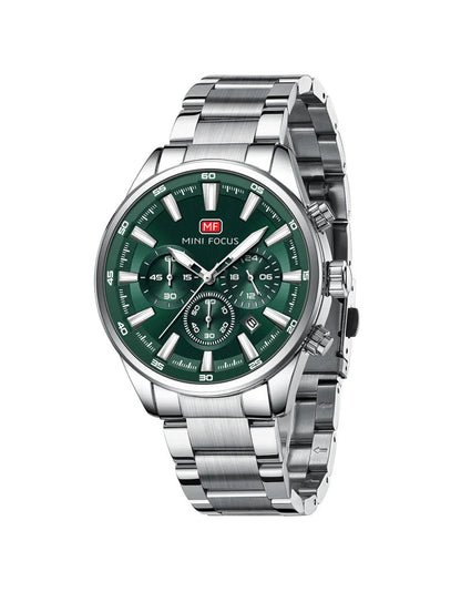 MINI FOCUS Men's Chronograph Watch – Green Dial, Luminous Markers, Stainless Steel Bracelet