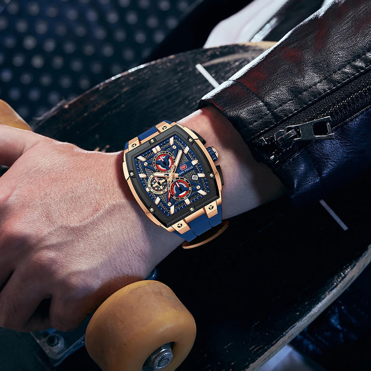 MINI FOCUS Men's Tonneau Chronograph Watch – Blue Dial, Rose Gold Case, Blue Silicone Strap