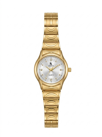 KARUS Women's Watch – Gold Case, Silver Crystal Dial, Gold Bracelet