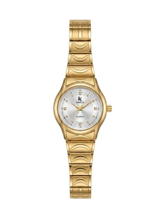 KARUS Women's Watch – Gold Case, Silver Crystal Dial, Gold Bracelet