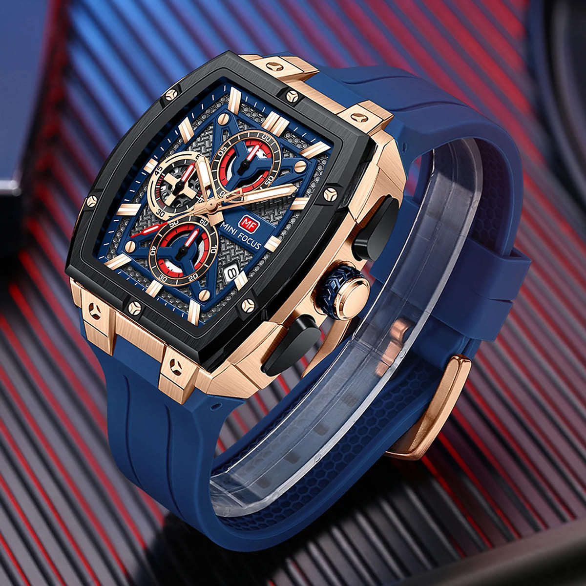 MINI FOCUS Men's Tonneau Chronograph Watch – Blue Dial, Rose Gold Case, Blue Silicone Strap