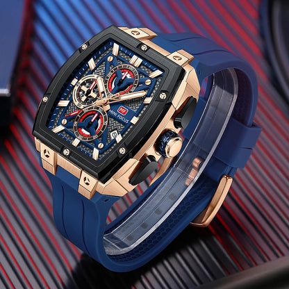 MINI FOCUS Men's Tonneau Chronograph Watch – Blue Dial, Rose Gold Case, Blue Silicone Strap