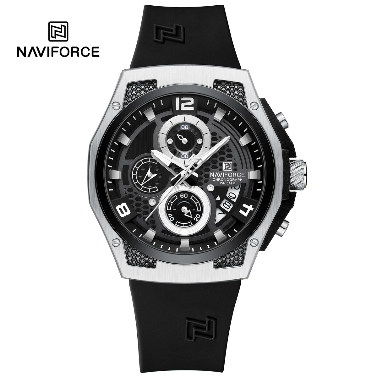 NAVIFORCE NF8051T Men's Chronograph Watch – Silver Case, Black Honeycomb Dial, Black Silicone Strap