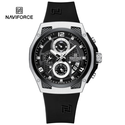 NAVIFORCE NF8051T Men's Chronograph Watch – Silver Case, Black Honeycomb Dial, Black Silicone Strap