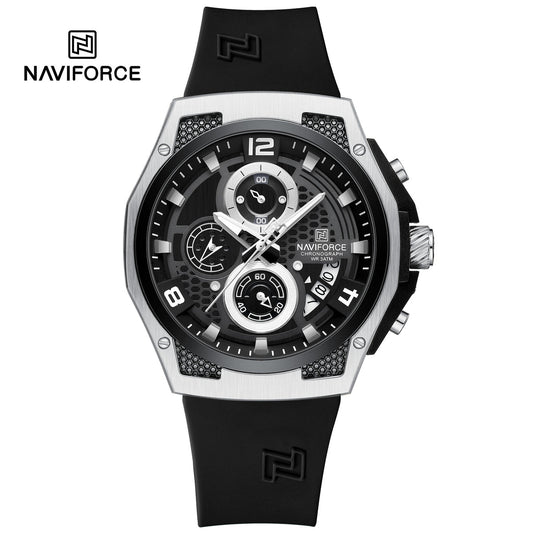 NAVIFORCE NF8051T Men's Chronograph Watch – Silver Case, Black Honeycomb Dial, Black Silicone Strap