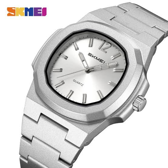SKMEI Men's Octagonal Sport-Luxury Watch – Silver Dial, Stainless Steel Bracelet