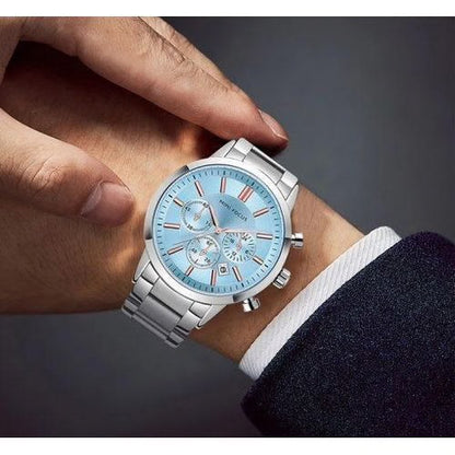 MINI FOCUS Men's Chronograph Watch – Ice Blue Dial, Rose Gold Markers, Stainless Steel Bracelet