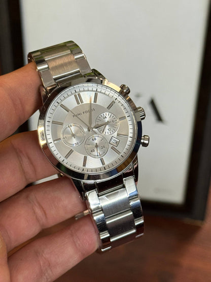 MINI FOCUS Original Men's Chronograph Watch – Silver Dial, Stainless Steel Bracelet