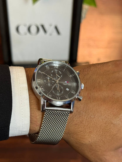 Tommy Hilfiger Men's Chronograph Watch – Black Roman Dial, Silver Mesh Strap