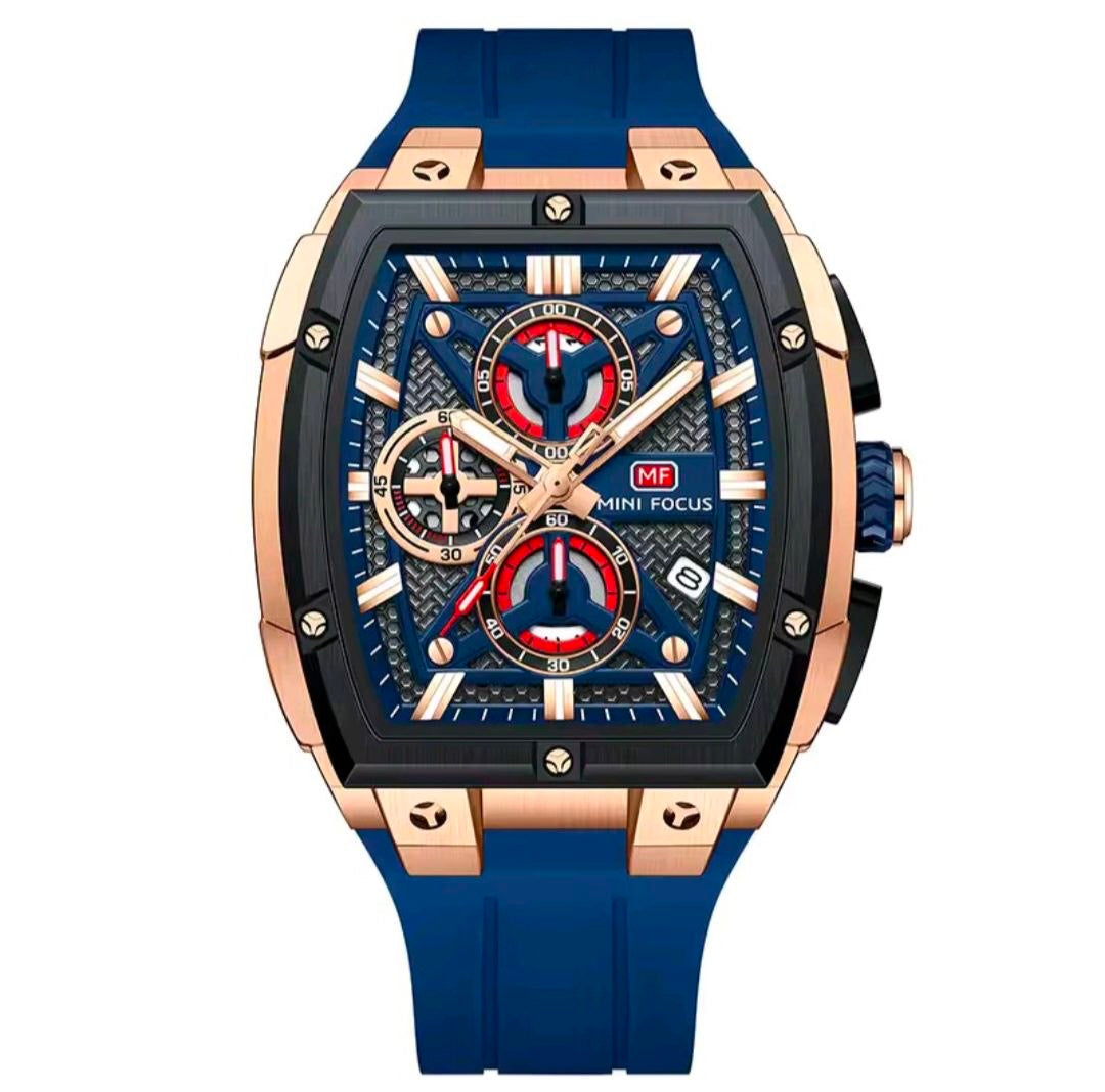 MINI FOCUS Men's Tonneau Chronograph Watch – Blue Dial, Rose Gold Case, Blue Silicone Strap