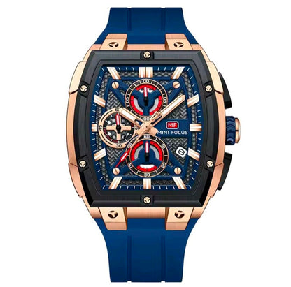 MINI FOCUS Men's Tonneau Chronograph Watch – Blue Dial, Rose Gold Case, Blue Silicone Strap