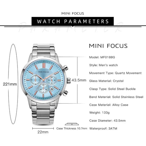 MINI FOCUS Men's Chronograph Watch – Ice Blue Dial, Rose Gold Markers, Stainless Steel Bracelet