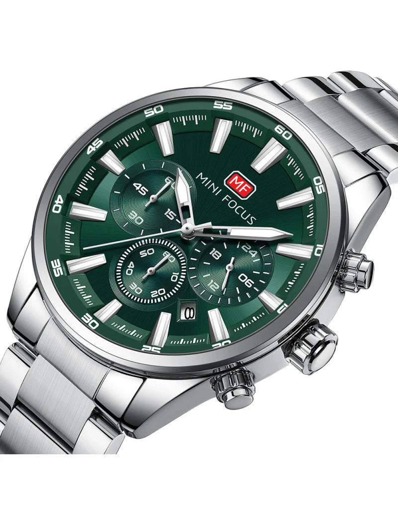 MINI FOCUS Men's Chronograph Watch – Green Dial, Luminous Markers, Stainless Steel Bracelet