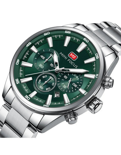 MINI FOCUS Men's Chronograph Watch – Green Dial, Luminous Markers, Stainless Steel Bracelet