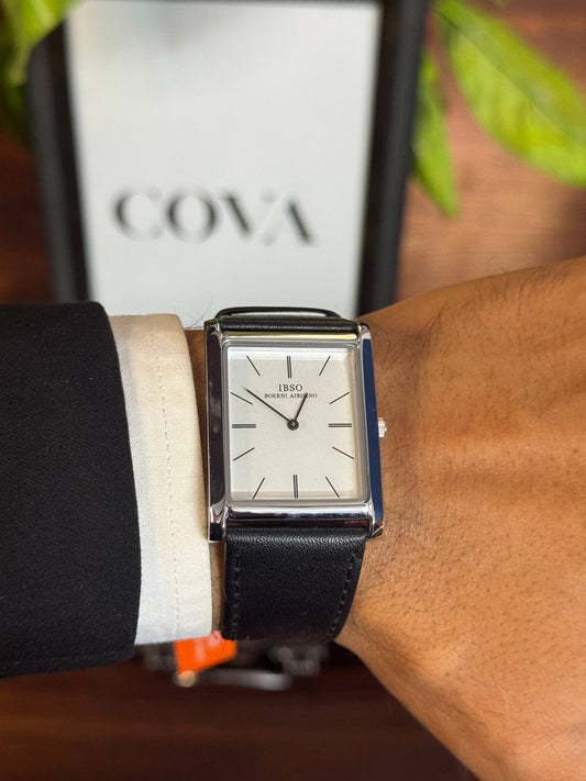 IBSO original men's rectangular watch white dial black leather strap – Cova Egypt