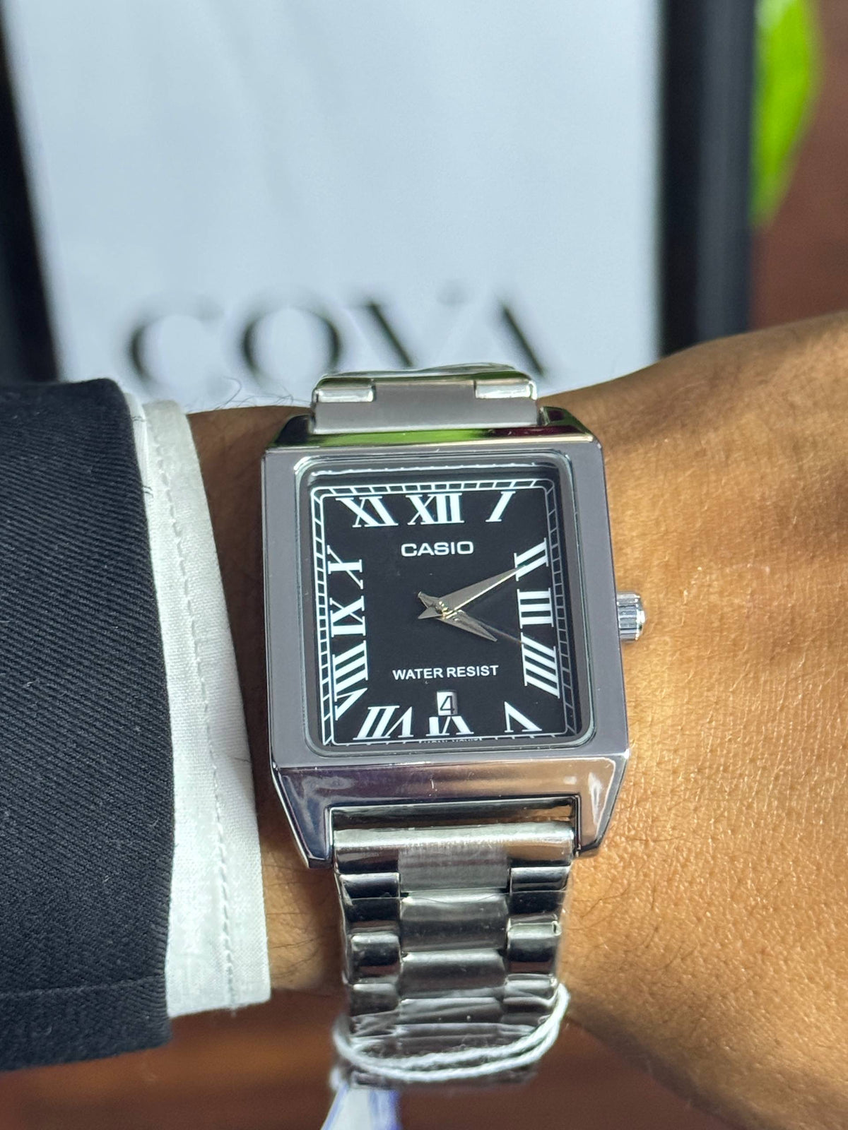 Casio Style Men's Rectangular Watch – Black Roman Dial, Date, Stainless Steel Bracelet