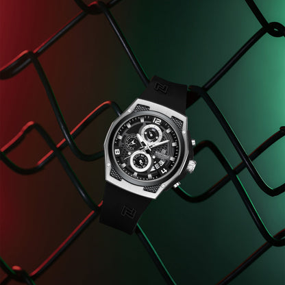 NAVIFORCE NF8051T Men's Chronograph Watch – Silver Case, Black Honeycomb Dial, Black Silicone Strap