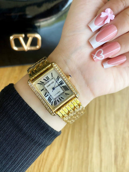 Cartier Style Watch – Silver & Gold, Roman Dial, Stainless Steel Bracelet