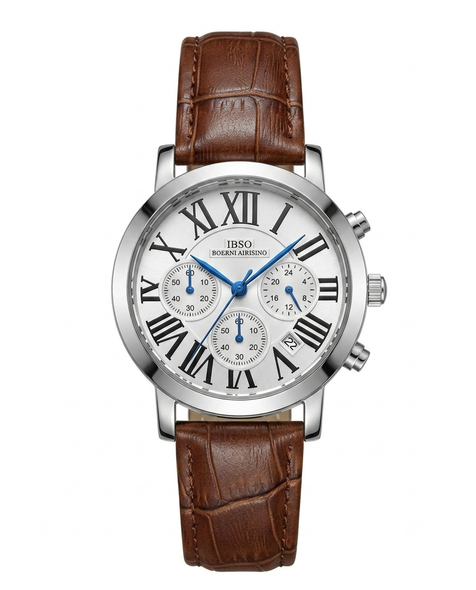 IBSO Men's Chronograph Watch – Silver Roman Dial Brown Leather Strap