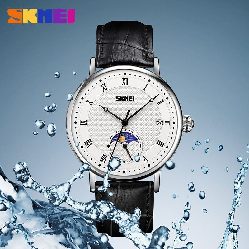 SKMEI Moon Phase Watch for Men – Roman Numeral Leather Quartz Watch