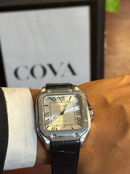 Cartier Santos Men's Watch – Roman Dial Black Leather Strap