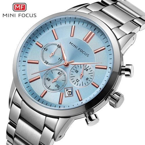 MINI FOCUS Men's Chronograph Watch – Ice Blue Dial, Rose Gold Markers, Stainless Steel Bracelet