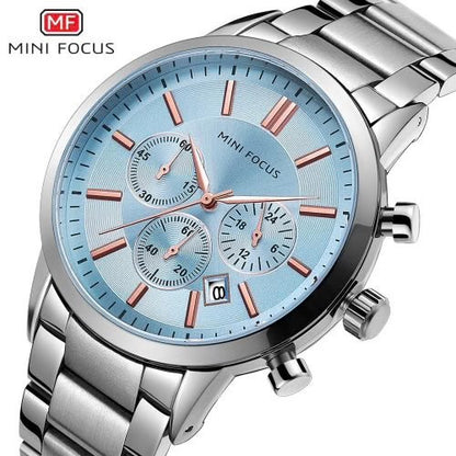 MINI FOCUS Men's Chronograph Watch – Ice Blue Dial, Rose Gold Markers, Stainless Steel Bracelet