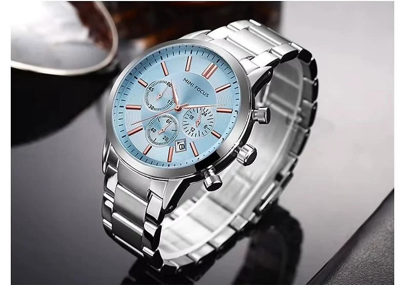 MINI FOCUS Men's Chronograph Watch – Ice Blue Dial, Rose Gold Markers, Stainless Steel Bracelet