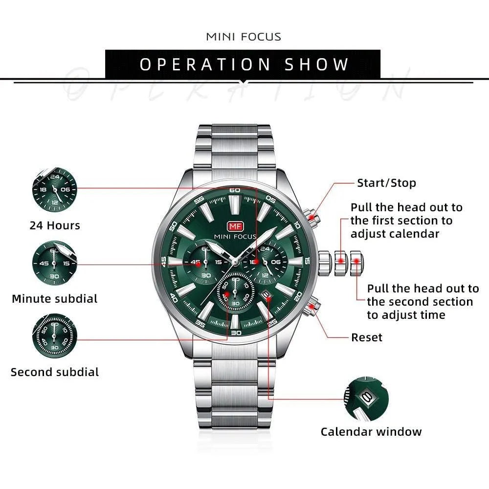 MINI FOCUS Men's Chronograph Watch – Green Dial, Luminous Markers, Stainless Steel Bracelet
