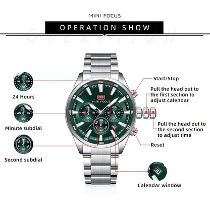 MINI FOCUS Men's Chronograph Watch – Green Dial, Luminous Markers, Stainless Steel Bracelet