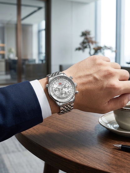 MINI FOCUS Men's Pilot Chronograph Watch – Silver Dial, Slide Rule, Stainless Steel Bracelet