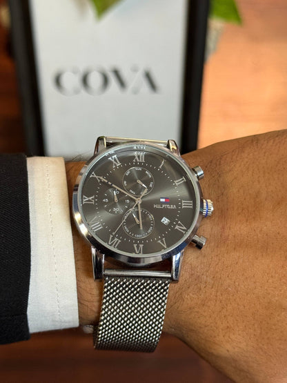 Tommy Hilfiger Men's Chronograph Watch – Black Roman Dial, Silver Mesh Strap