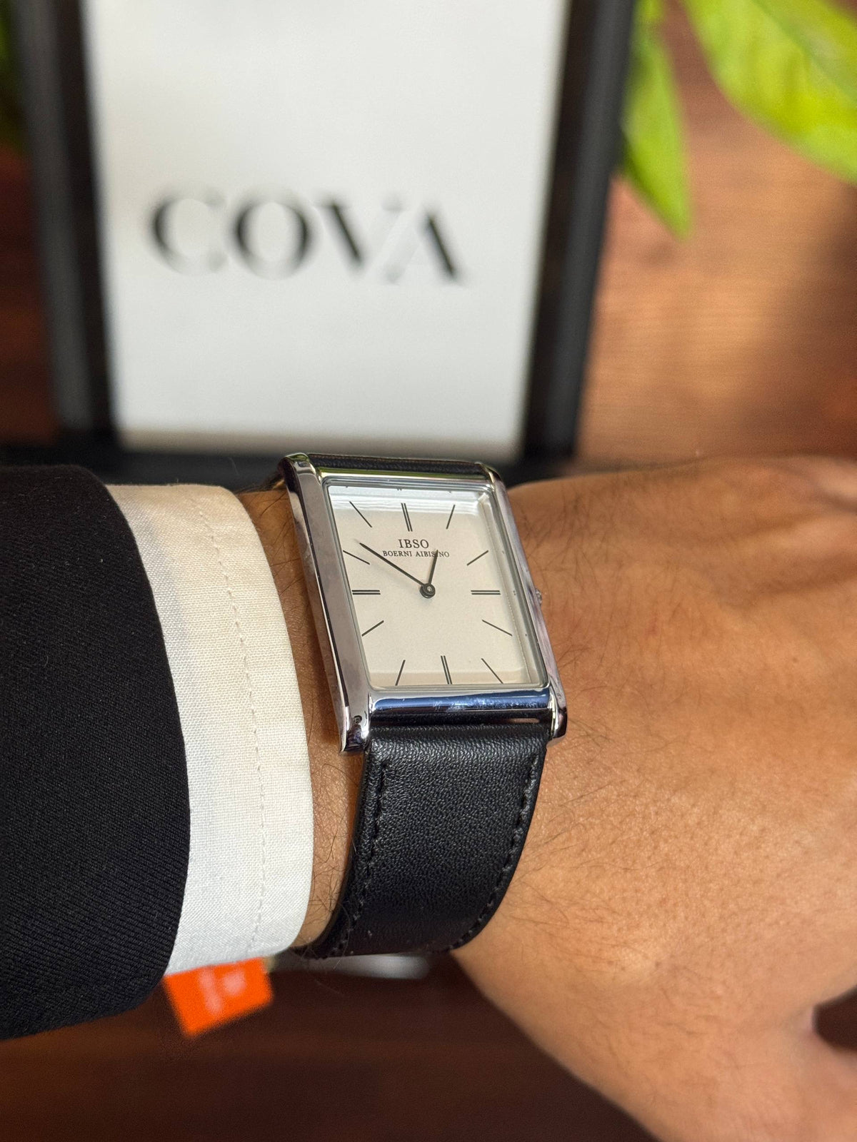 IBSO Men's Rectangular Watch – White Minimalist Dial, Black Leather Strap