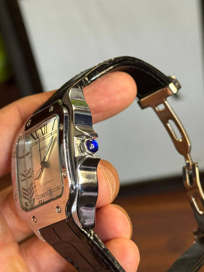 Cartier Santos Men's Watch – Roman Dial Black Leather Strap